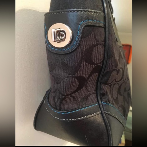 Coach Leatherware 2005 Vintage Signature Jacquard Black Handbag Teal Stitching - Picture 6 of 16